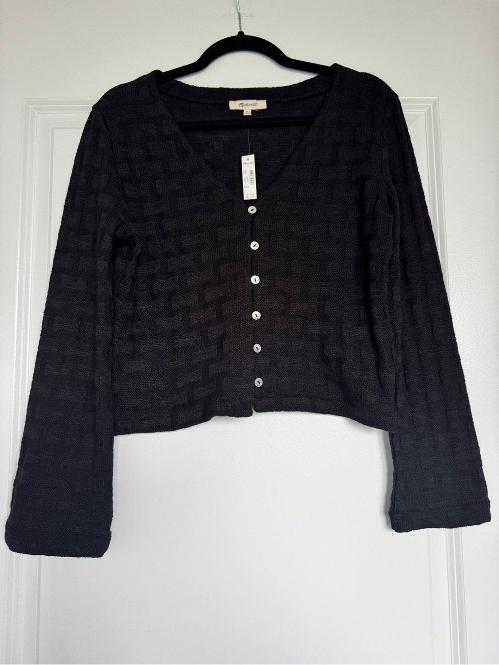 NWT MADEWELL Basket-Weave Stitch Long-Sleeve Sweater Tee Cardigan Black Small S